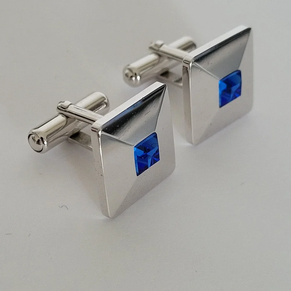 Michiko London Koshino Silver Tone Blue Crystal Square Geometric Cufflinks Box